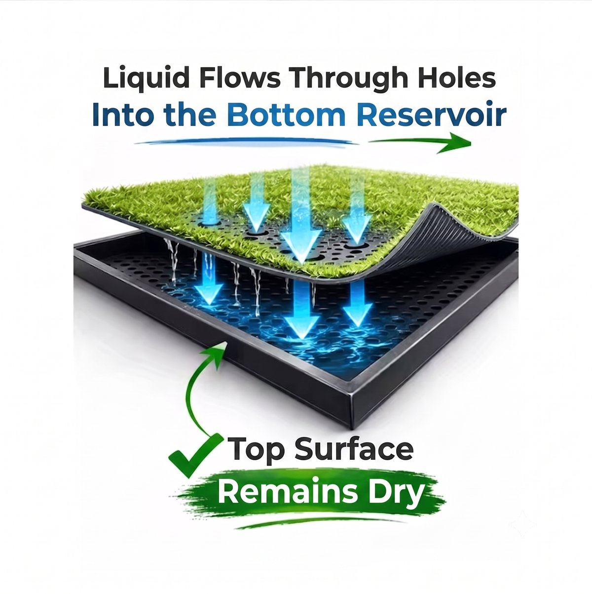 Cutaway diagram: liquid flows through the grass and grid into the bottom reservoir while the top surface stays dry