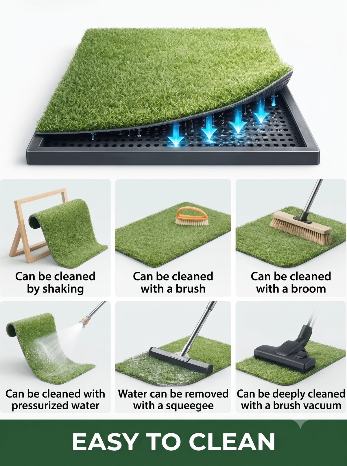 Six cleaning methods: shaking, brush, broom, pressurised water, squeegee and brush vacuum