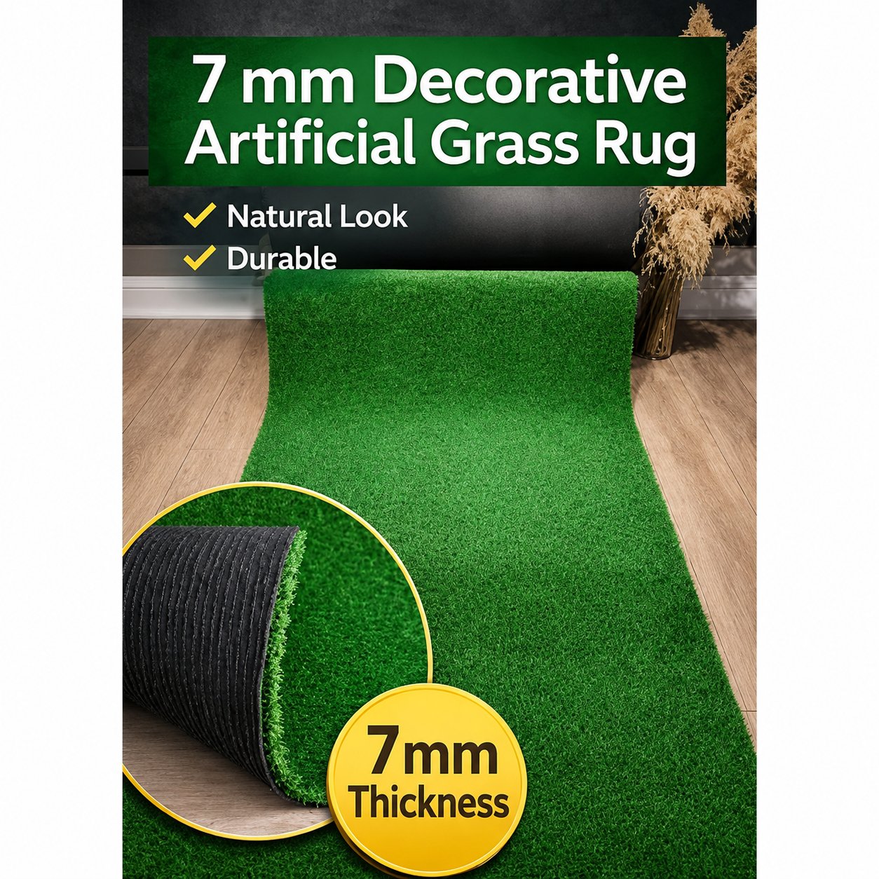 Feature callouts: 7mm thickness, non-slip backing, easy to cut and install