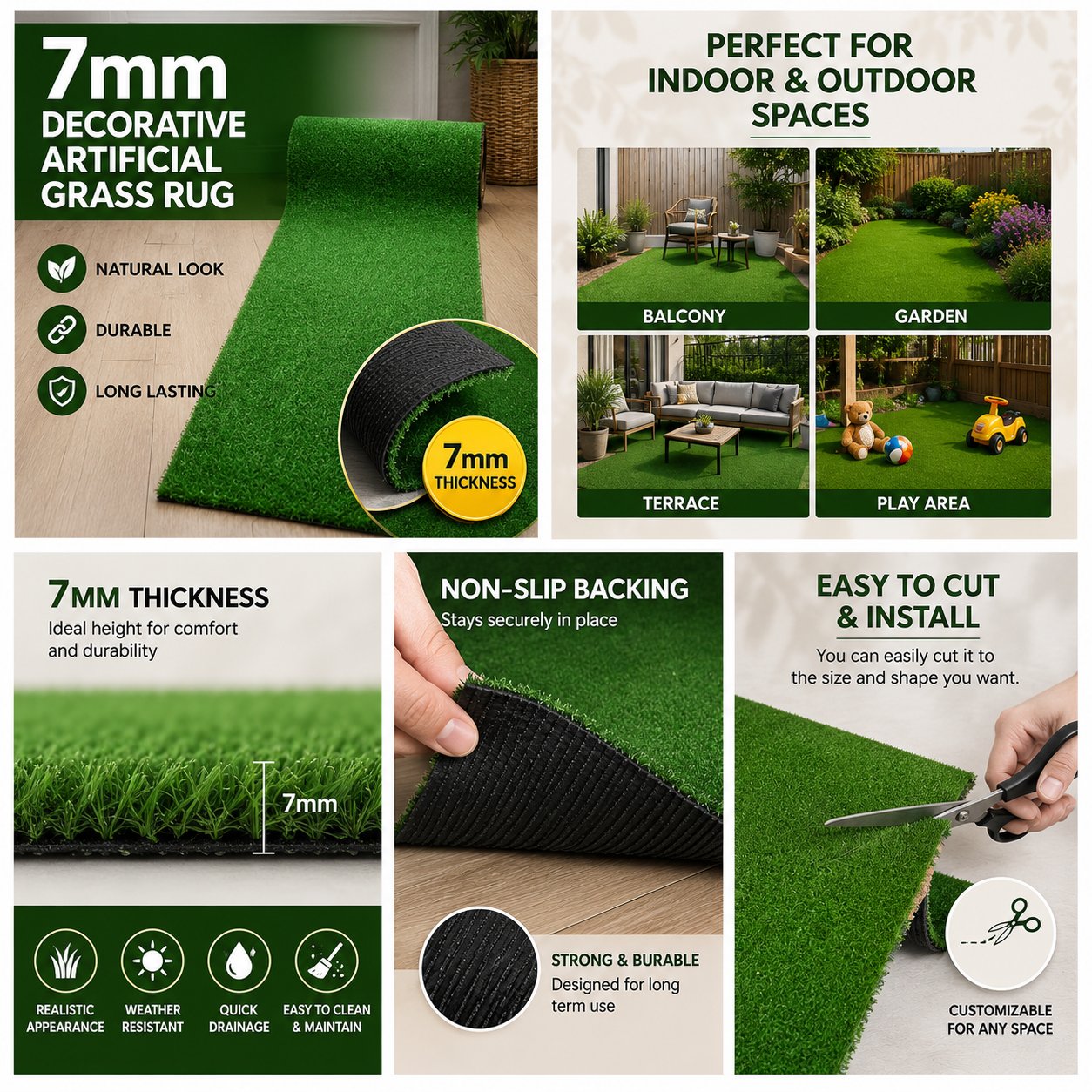 Grid showing the rug used on a balcony, garden, terrace and play area