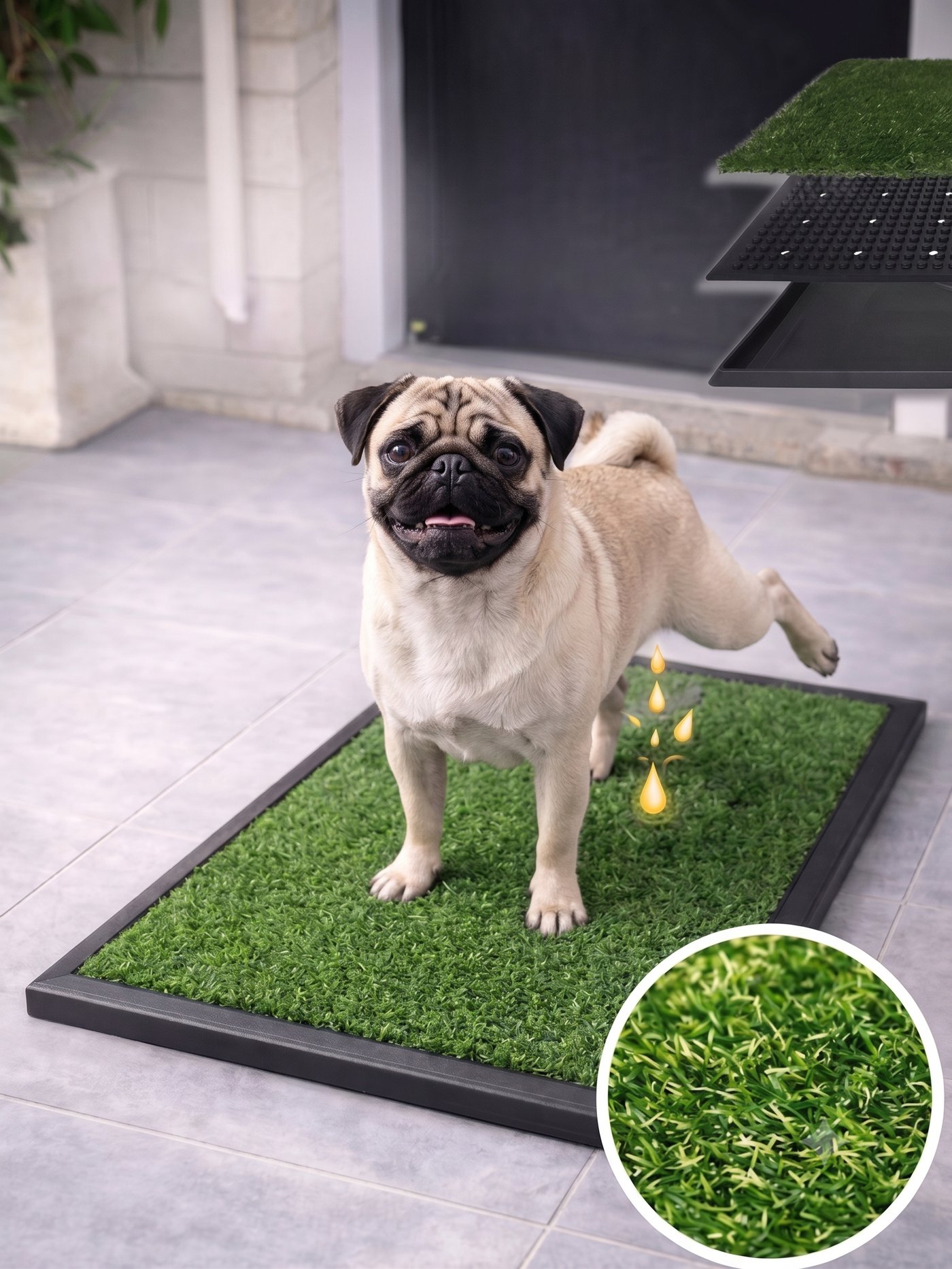 A pug standing on the PawFort Zone potty mat by a doorway